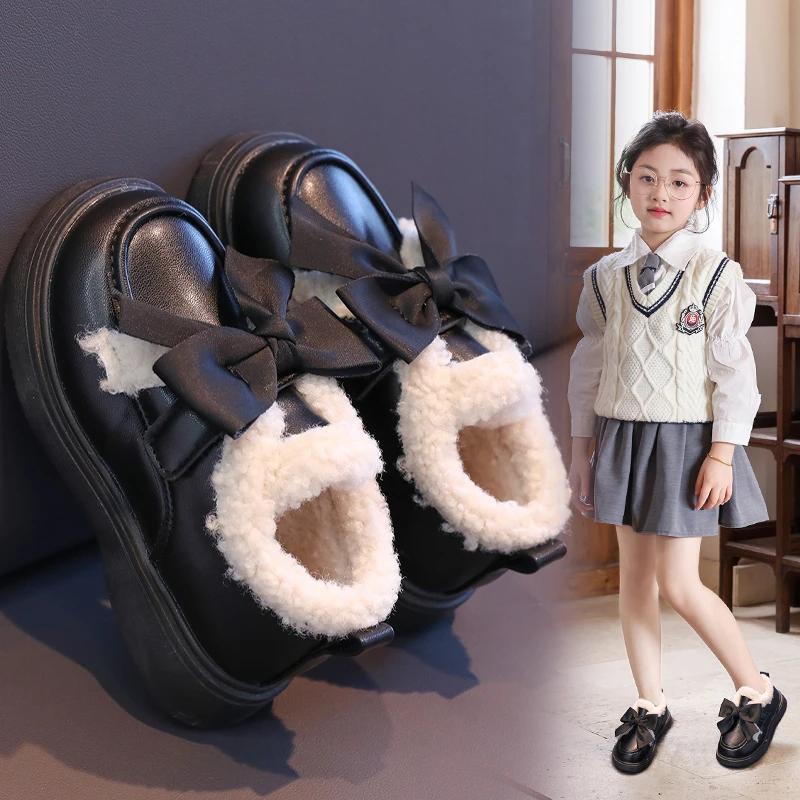 Girls Princess Shoes Round Toe Chic Kids Warm Shoes with Big Bow 2024 Winter New Fashion Sweet Children Leather Shoes Soft Sole