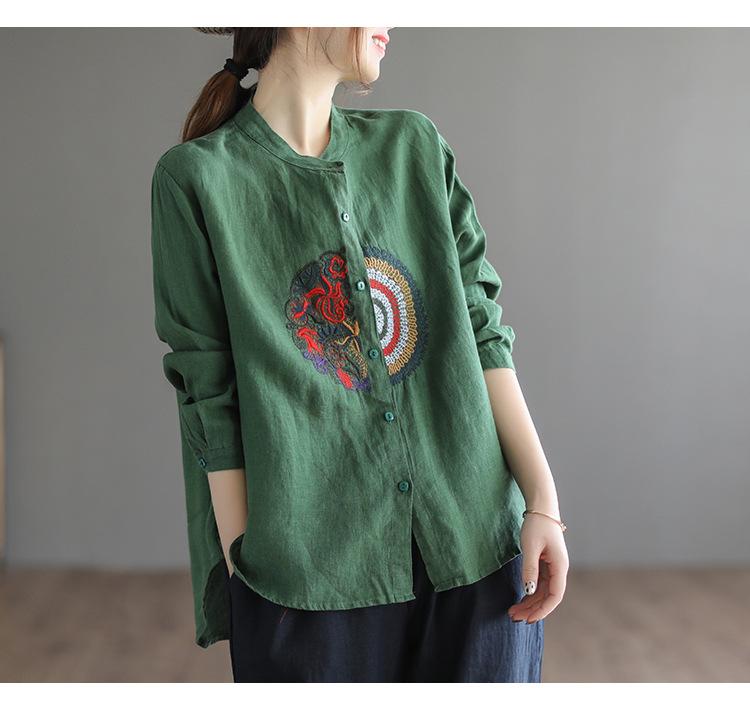 Women Casual Shirts Arrival Spring Vintage Style Stand Collar Embroidery All-match Loose Female Long Sleeve