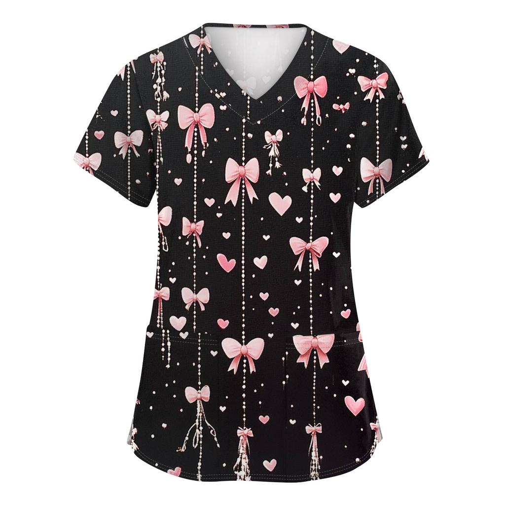 Damenmode V-Ausschnitt Kurzarm Arbeitskleidung mit Taschen Valentinstag Bedrucktes Oberteil Pflegeuniform