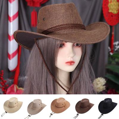 Linen Western Cowboy Hat Wide Brim Beach Sunscreen Cap Vintage Summer Sun Hat  Holiday