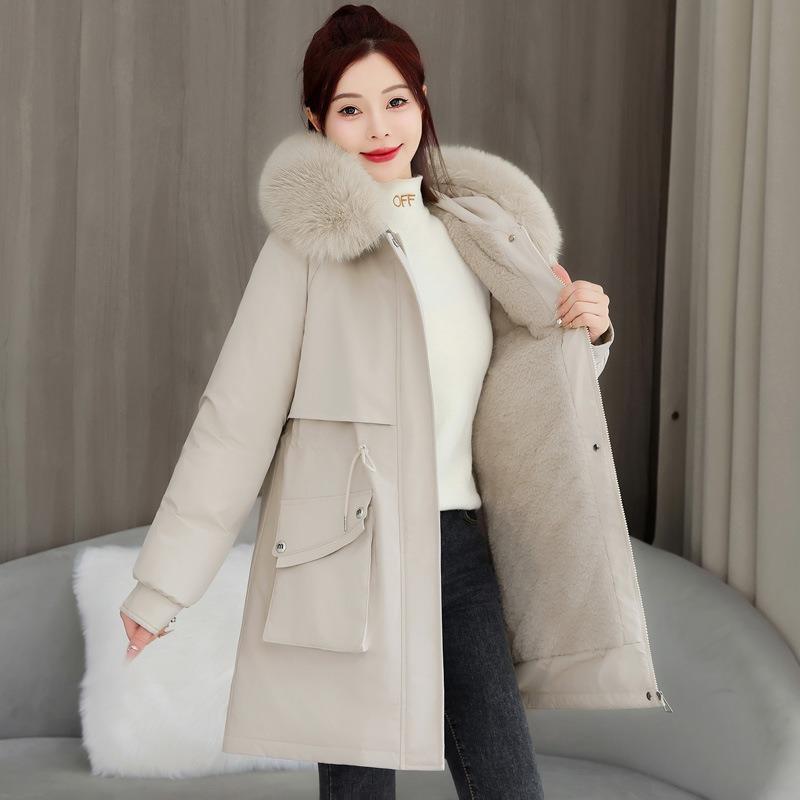 Winter Girl Medium and Long Pie Overcomes the New Big Fur Collar Padded Jacket, Hooded Warm Padded Jacket Thick