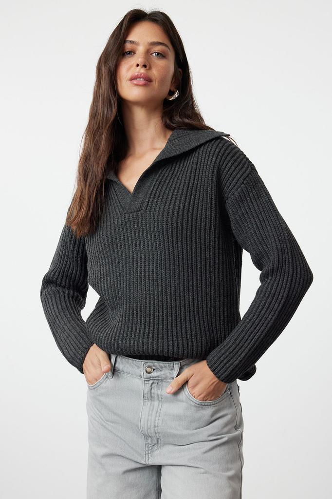 Women's Fashion Stylish Sweater Stone Basic Turn-down Collar Knitwear Sweater