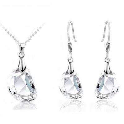 Factory Price 925 Sterling Silver Pendants Necklaces Drop Earrings Clear Crystals Jewelry Set For Women Party Accessory