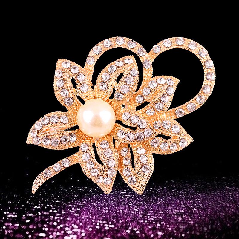 Eco-friendly Twin Petal Silver Brooch with Pearl & Rhinestones for Women