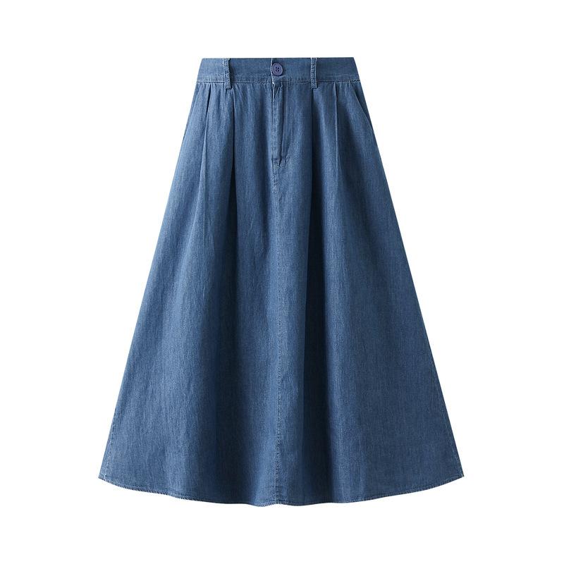 Koreanischer langer Rock Damenmode Hohe Taille Retro Midi A-Linie Jeansröcke Blau Sonne Schule