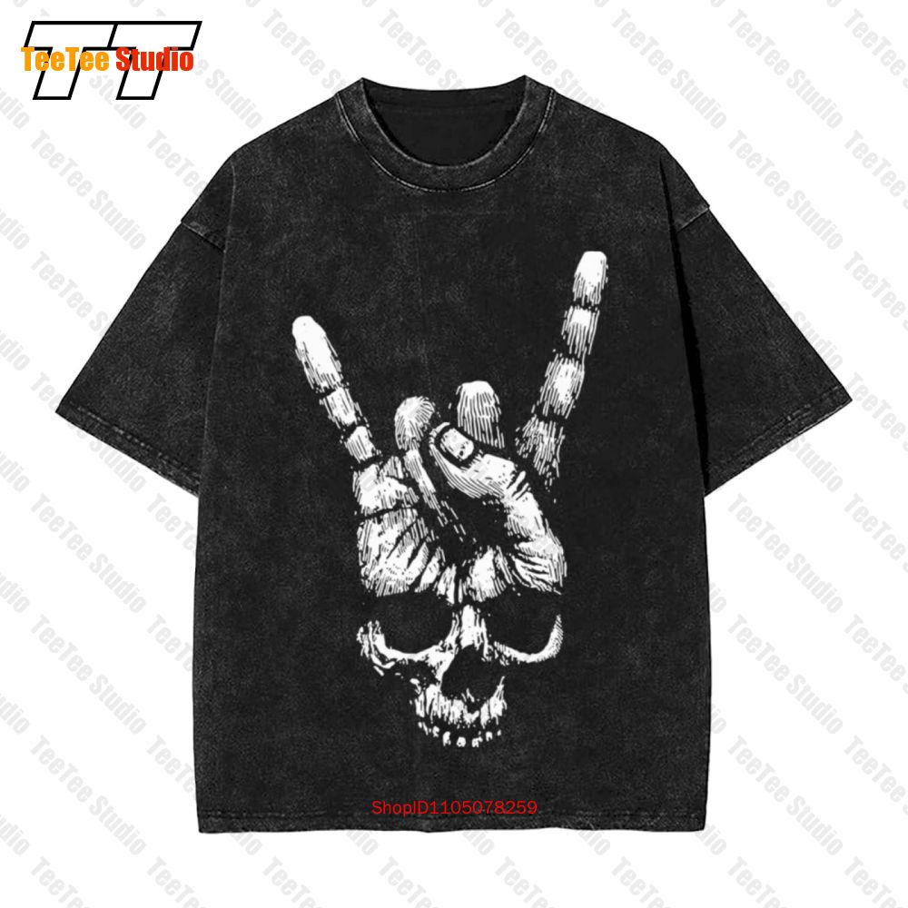 Skull Hand Sign Of The Horns Heavy Metal Rock N Roll Band Tattoo Vintage Oversized TShirt UCJ S