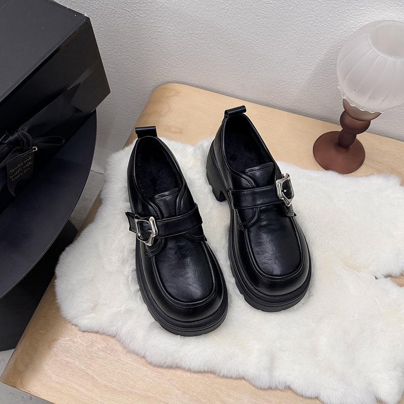 Loafers Women's 2025 Spring New Thick Heel Thick Sole Heightening Small Black Big Head Comfortable Versatile Casual Shoes