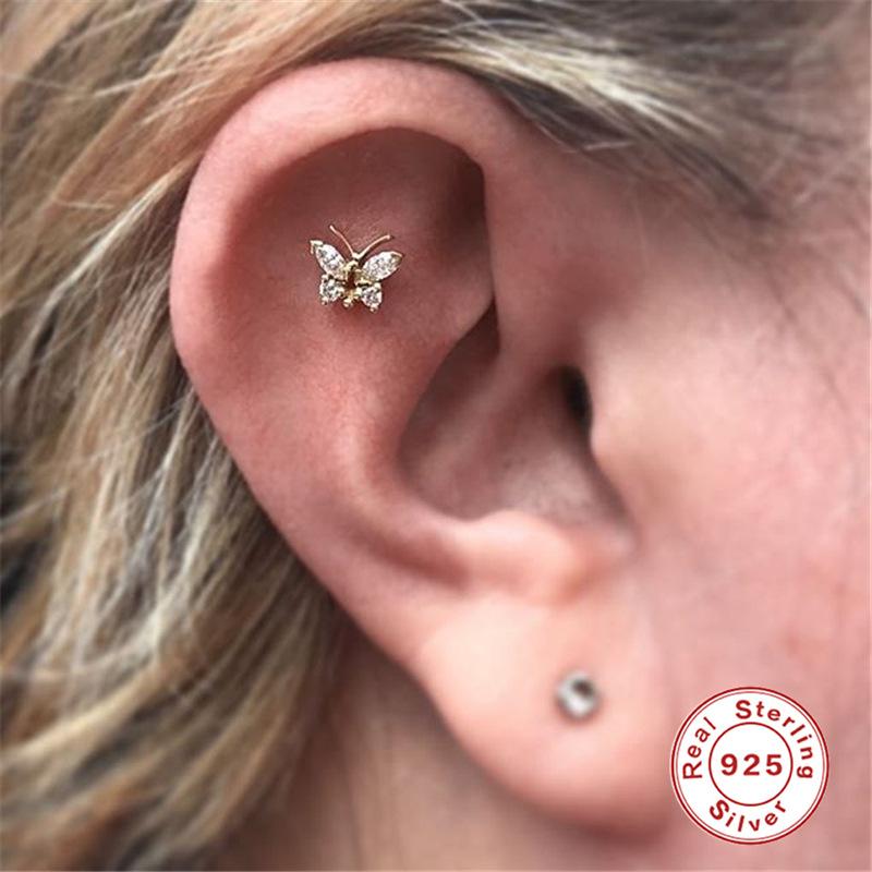 S925 Sterling Silver Piercing Ear Bone Stud Ear Nail Small Gold Ball Threaded Ear Stud Zircon Body Earrings Earrings