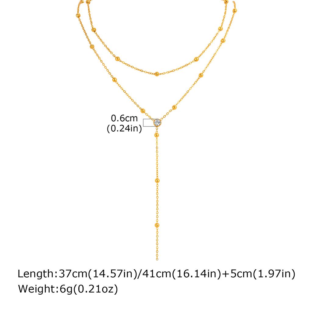 Stainless Steel Bead Chain Tassel Double-layer Y-shaped Necklace for Women, Simple Heart Flower Zircon Gold Plated Long Necklace