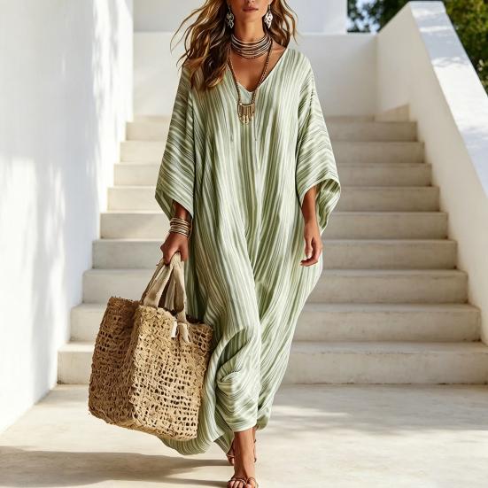 Women's Summer Striped Maxi Dress Loose Fit V-Neck 46085 Sleeve Boho Long Dress Casual