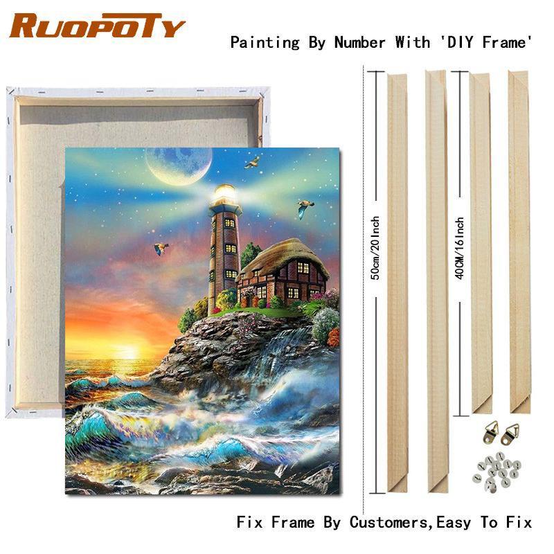 RUOPOTY Paint By Numbers Tower Landscape Wall Art Unique Gift Acrylic Home Decor Hand Painted Coloring Seaside For Living Room