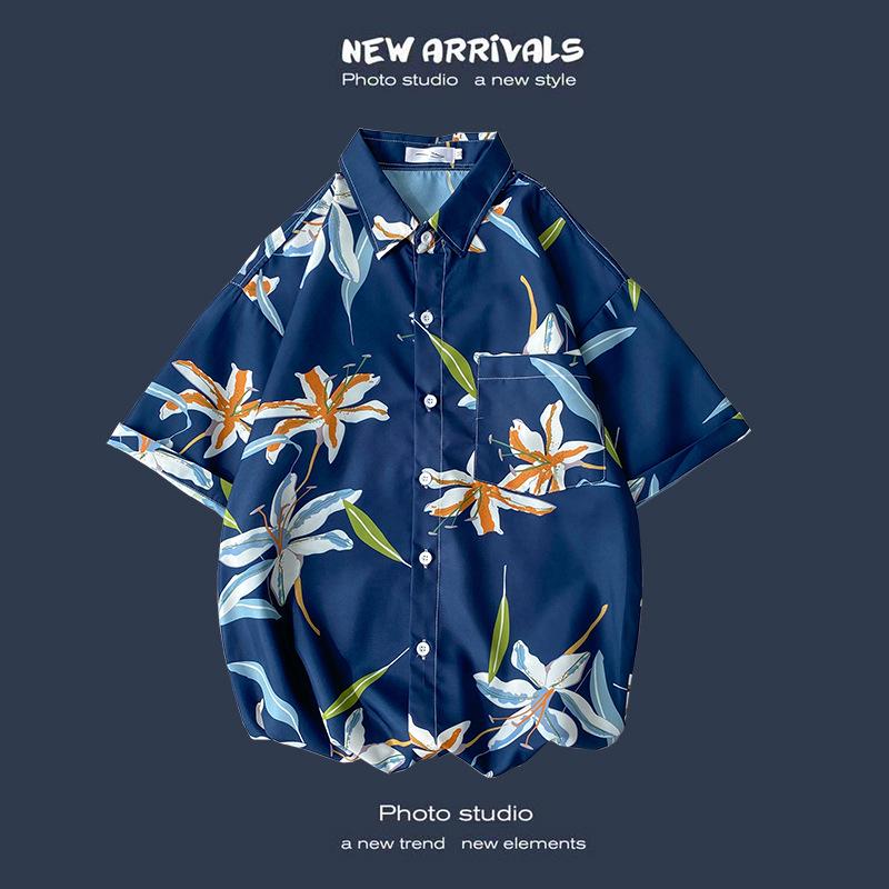 Letnia Koreańska Retro Kwiatowa Para Luźna Koszula z Krótkim Rękawem - Męski Modny Styl