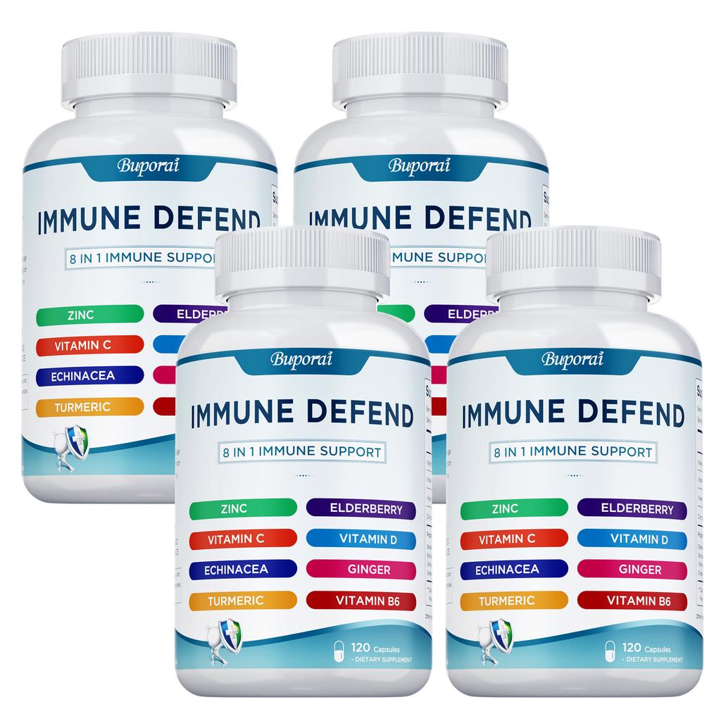 Multivitamin capsules, containing zinc, elderberry, vitamin D3, turmeric, immune support, antioxidant support, suitable for adults.