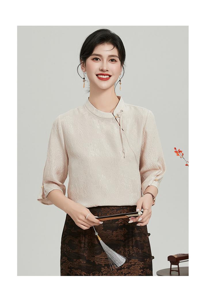 Ouruoxin Chinese Style Guanle Crepe Silk Top Women's 100 Mulberry Silk Short Sleeve Spring/Summer Solid Color Stand Breathable T-shirt