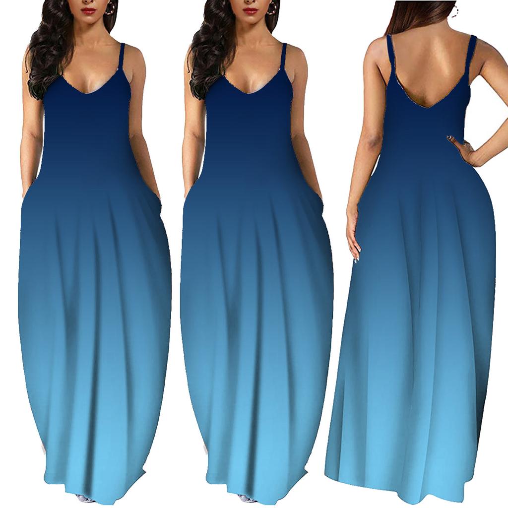 Women Gradient Sleeveless V Neck Maxi Dress Casual Sundress Beach Long Dres