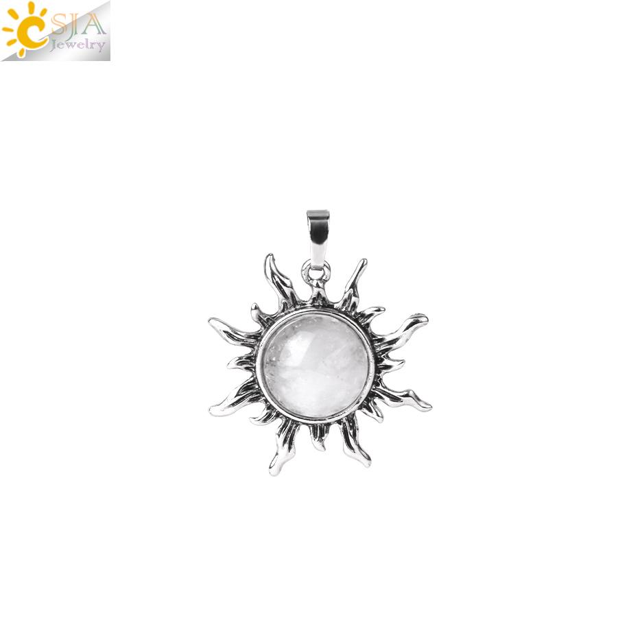 CSJA Vintage Sun Flower Pendant Natural Stone Crystal Necklace Genuine Round Amethysts Pink Quartz Obsidian Lapis Lazuli H120