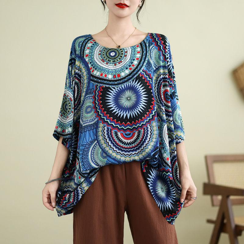 Sommer Locker Übergröße Damen Bedrucktes Baumwoll-T-Shirt Top Mama Kurzärmlig Ethnischer Stil T-Shirts Damen