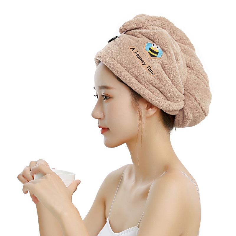 Classic Coral Fleece Embroidered Quick-Dry Hair Cap - Thick, Water-Absorbent & Shed-Resistant