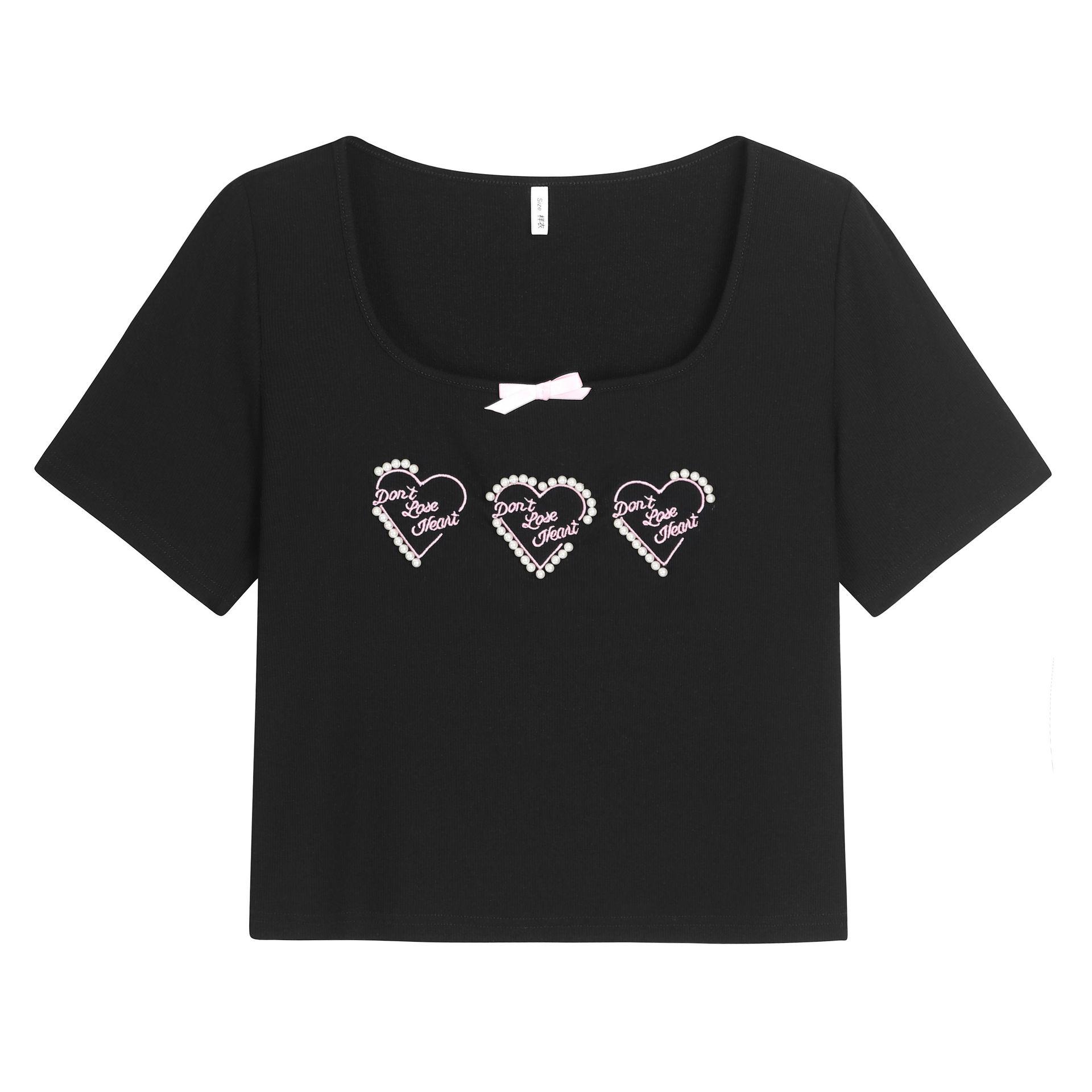 

Embroidered Pearl Love Slim-fit Square Collar T-Shirt for Women - Plus Size 3XL (recommended 80-90kg) чёрный