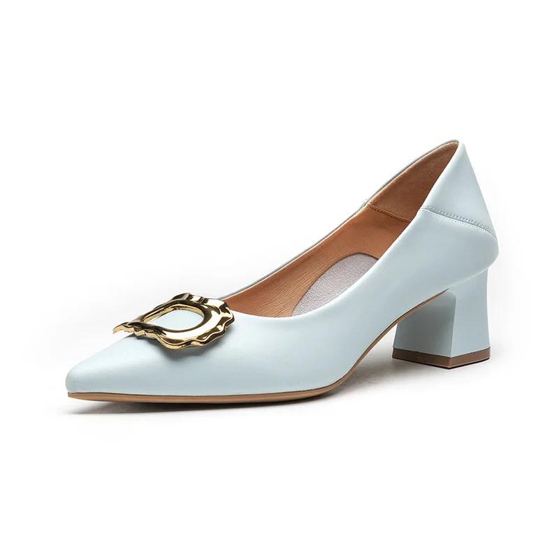 

Модные кожаные женские туфли с квадратным носком из коровьей кожи на высоком каблуке с металлической пряжкой, модные мягкие черные белые 34 небесно-голубой