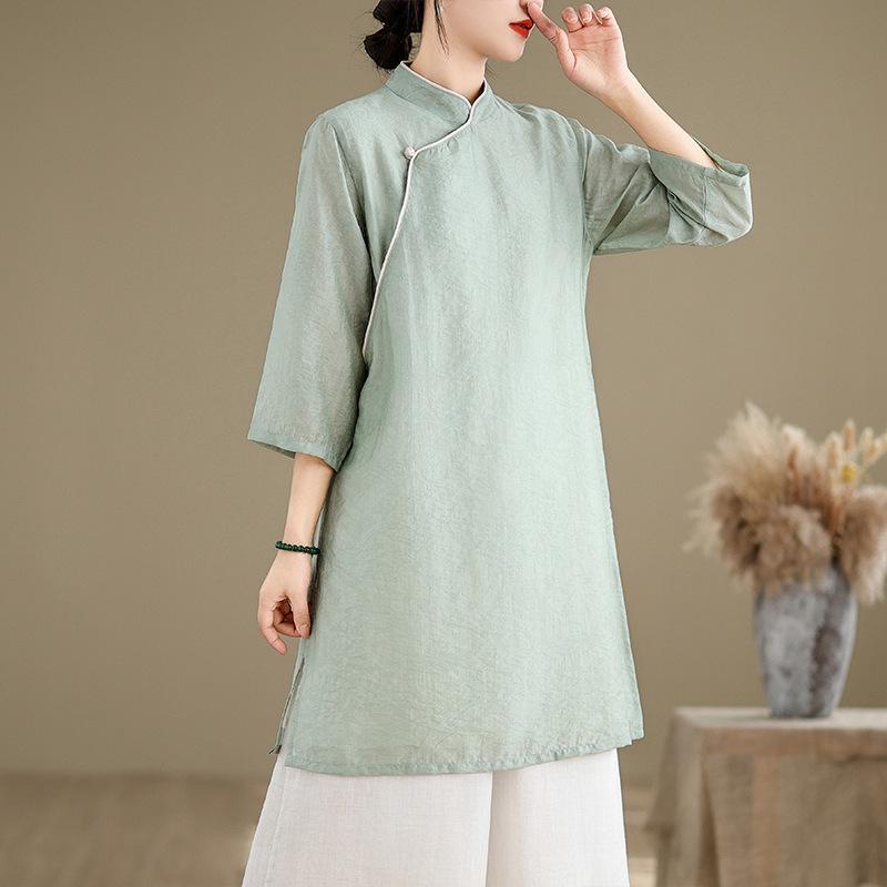 Women's cheongsam top 2025 summer new medium stand-up collar buckle seven-quarter sleeve solid color cotton and linen shirt