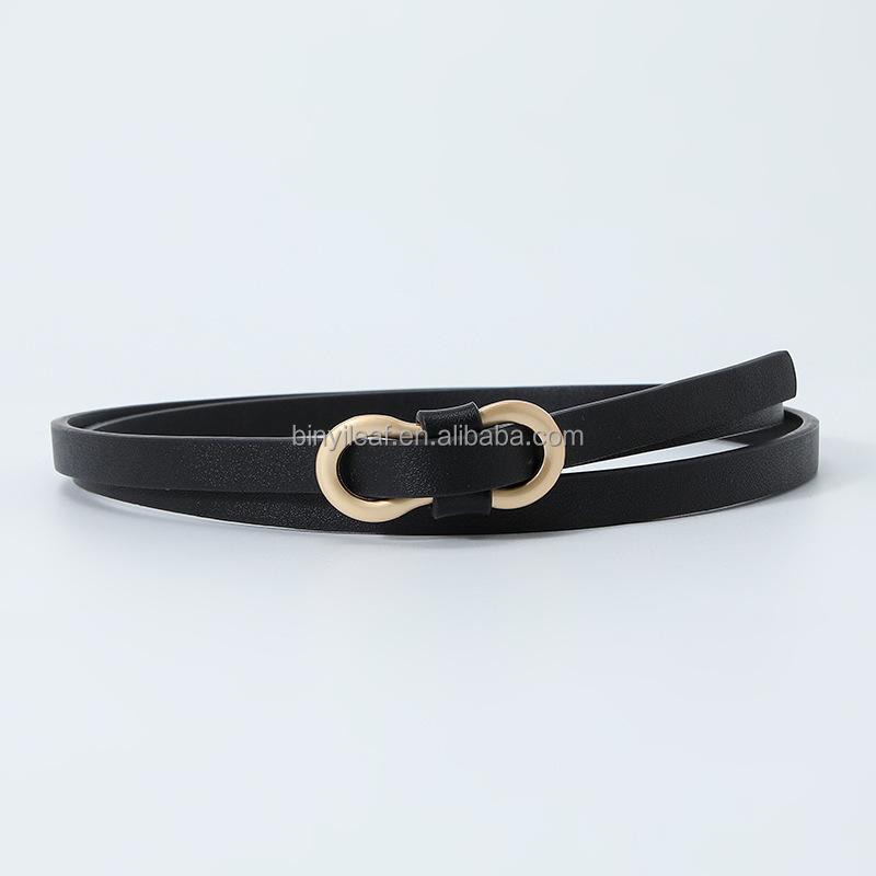 Stock Fashion Ladies Thin Knot Leather Belts 1CM Wide Girls Skinny PU Faux Leather Dress Belt Alloy Colorful Slim Fashionable чёрный