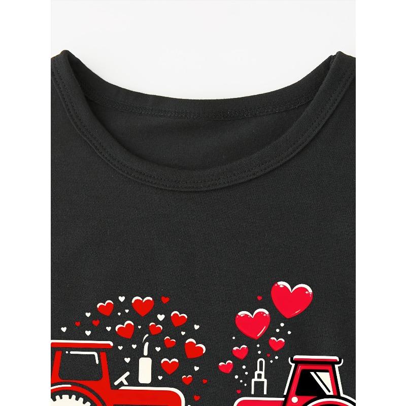 European sizes Children1pc CHICFULL Valentine'S Day TX60204 Boys' T-Shirt, Red Tractor and Hearts Print, Casual Crew Neck, Polyester Knit Fabric