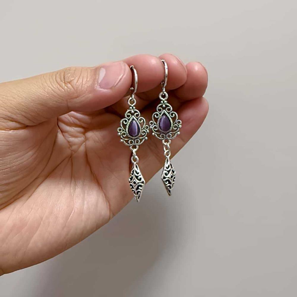 Vintage Ethnic Ancient Silver Filigree Purple Teardrop Gemstone Dangle Earrings for Women Boho Gypsy Hoop Earrings Jewelry Gifts