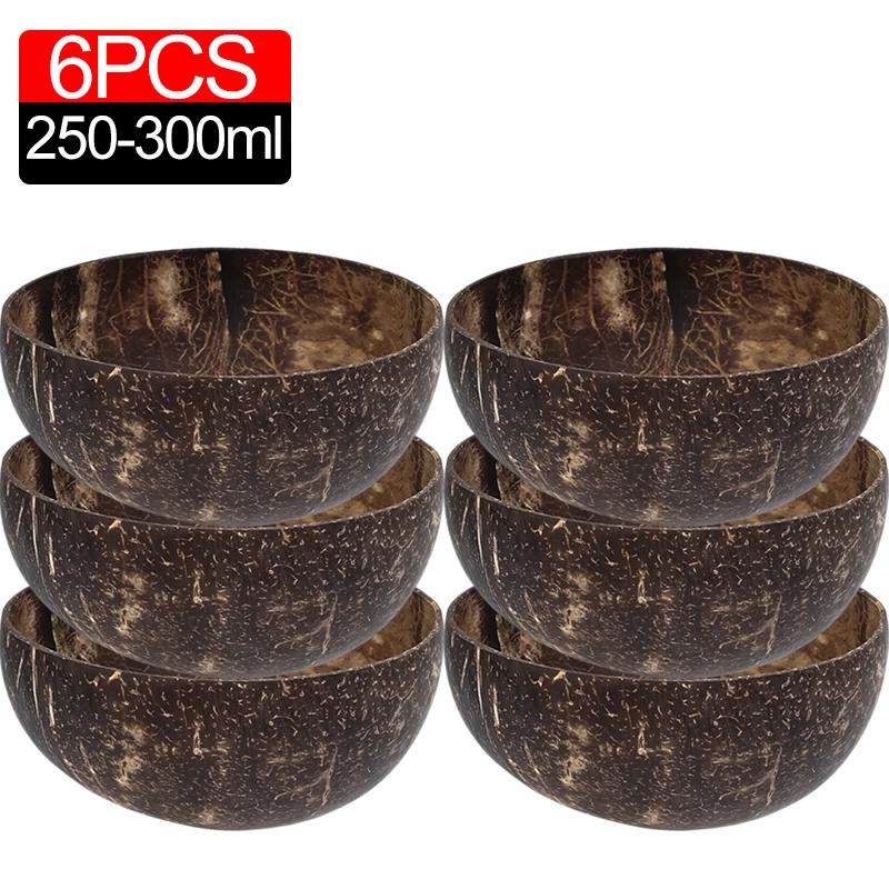 6/1PCS Natural Coconut Bowl Set Wooden Salad Ramen Bowl Coconut Wood Spoon Set Coco Smoothie Kitchen Tableware Coconut Bowl