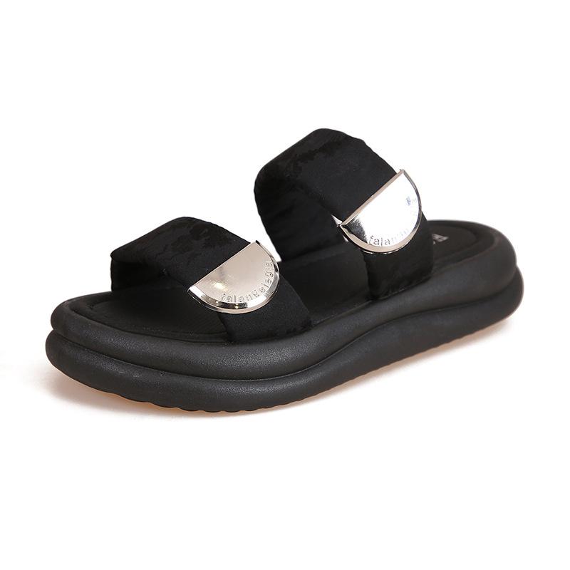 

2025 лето новый повседневный верхняя одежда круглый носок с открытым носком пляжная обувь женская платформа принт корейская версия шлепанцы на одной подошве 35 чёрный