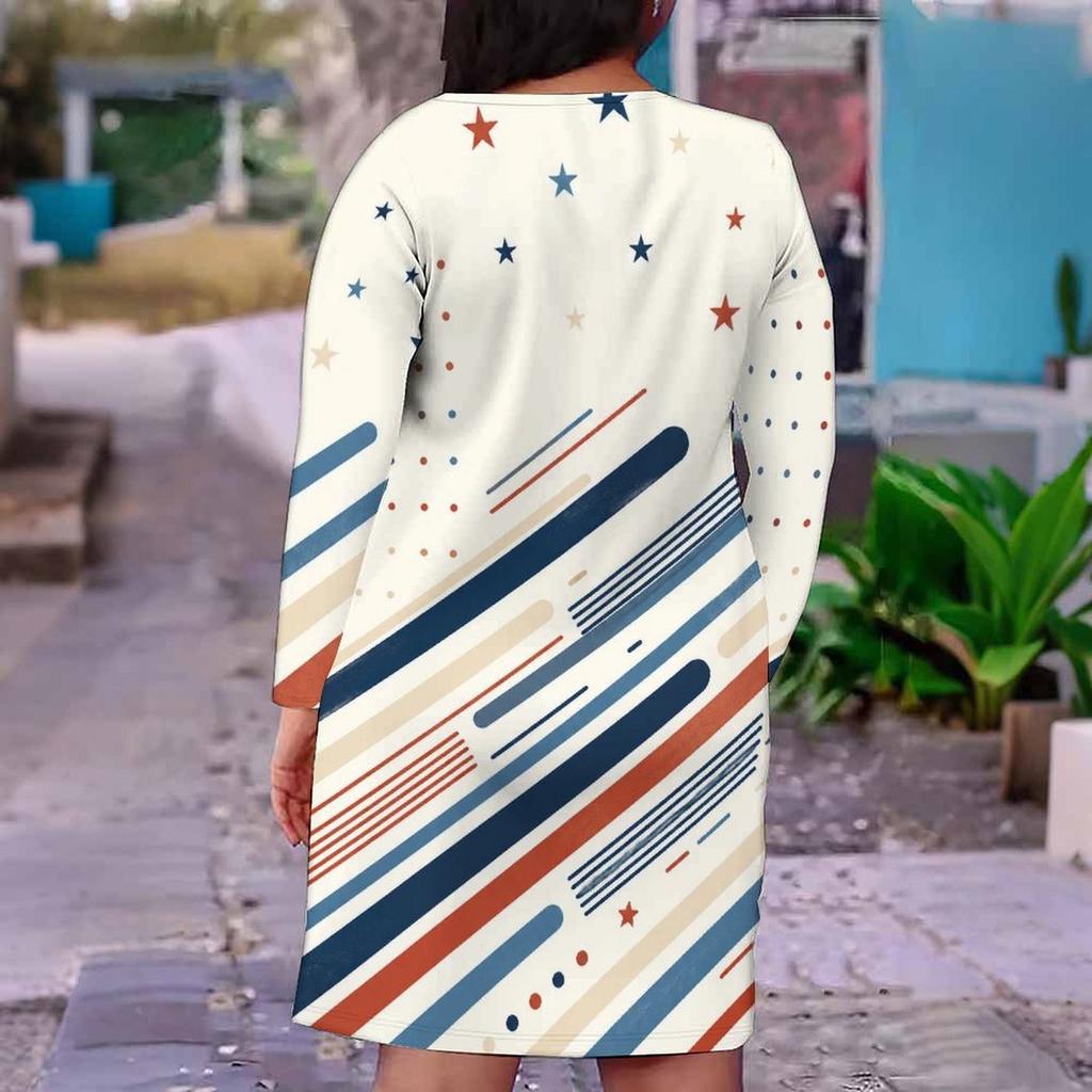 Women Plus Size Off White V Neck Long Sleeve Printed Fitted Straight Hem Dress