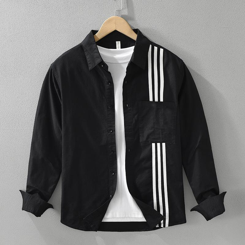 Korean Fashion Men Long Sleeve Shirt Street Style Stripes Patchwork Shirt Spring and Autumn Pure Cotton Casual Tops Youth White Shirt