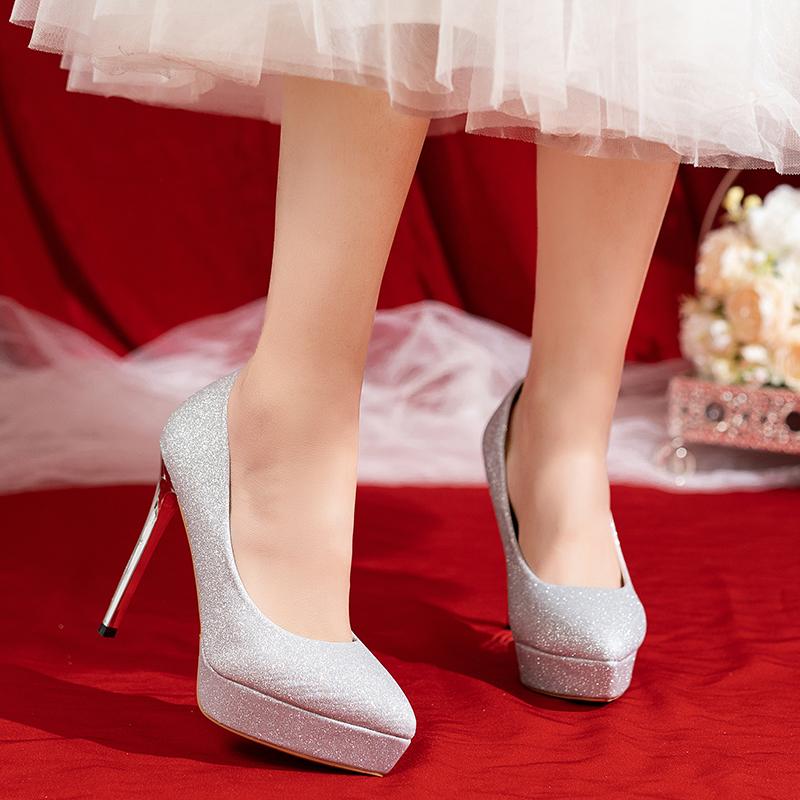 Thin Heel Shoes Summer New Pointed Head Shallow Mouth Glitter Set Foot Waterproof Platform Anti-slip Wear-resistant High Heels