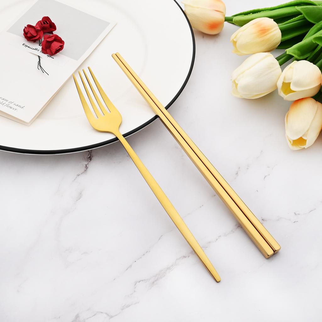 Black Stainless Steel Set Cutlery Dinner Fork Chopsticks Portable Dinnerware Set 2Pcs Silverware Western Kitchen Home Tableware