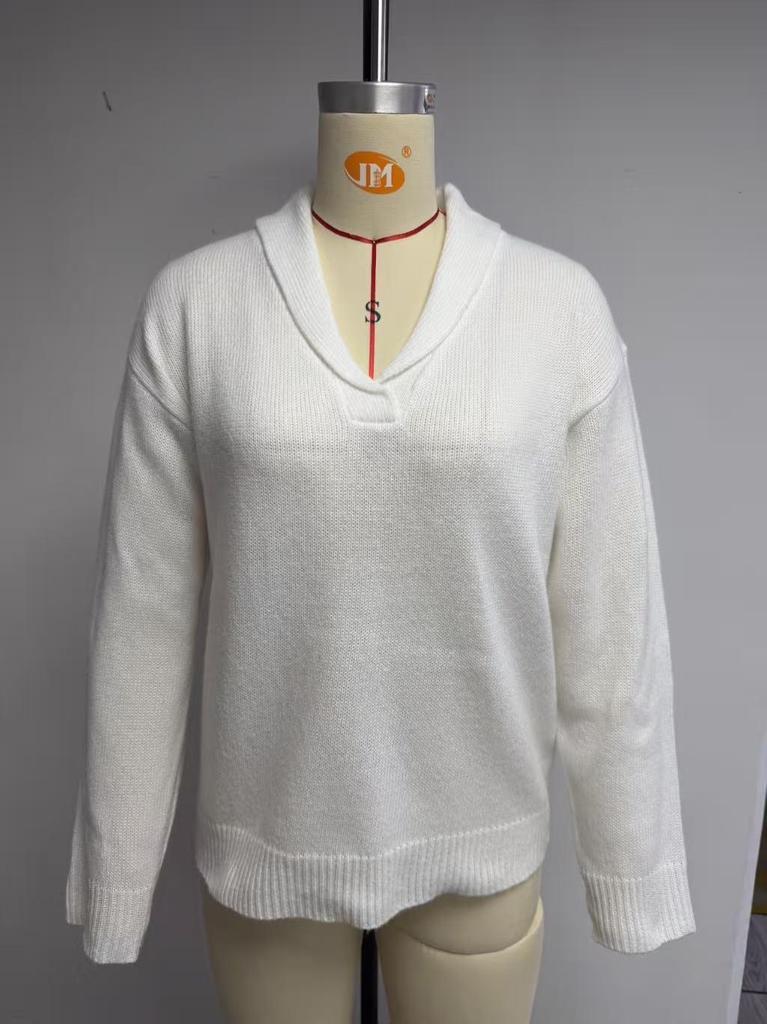 European American Autumn Winter Loose V-neck Lapel Sweater, Solid Color, Long Sleeve, Versatile Knitwear
