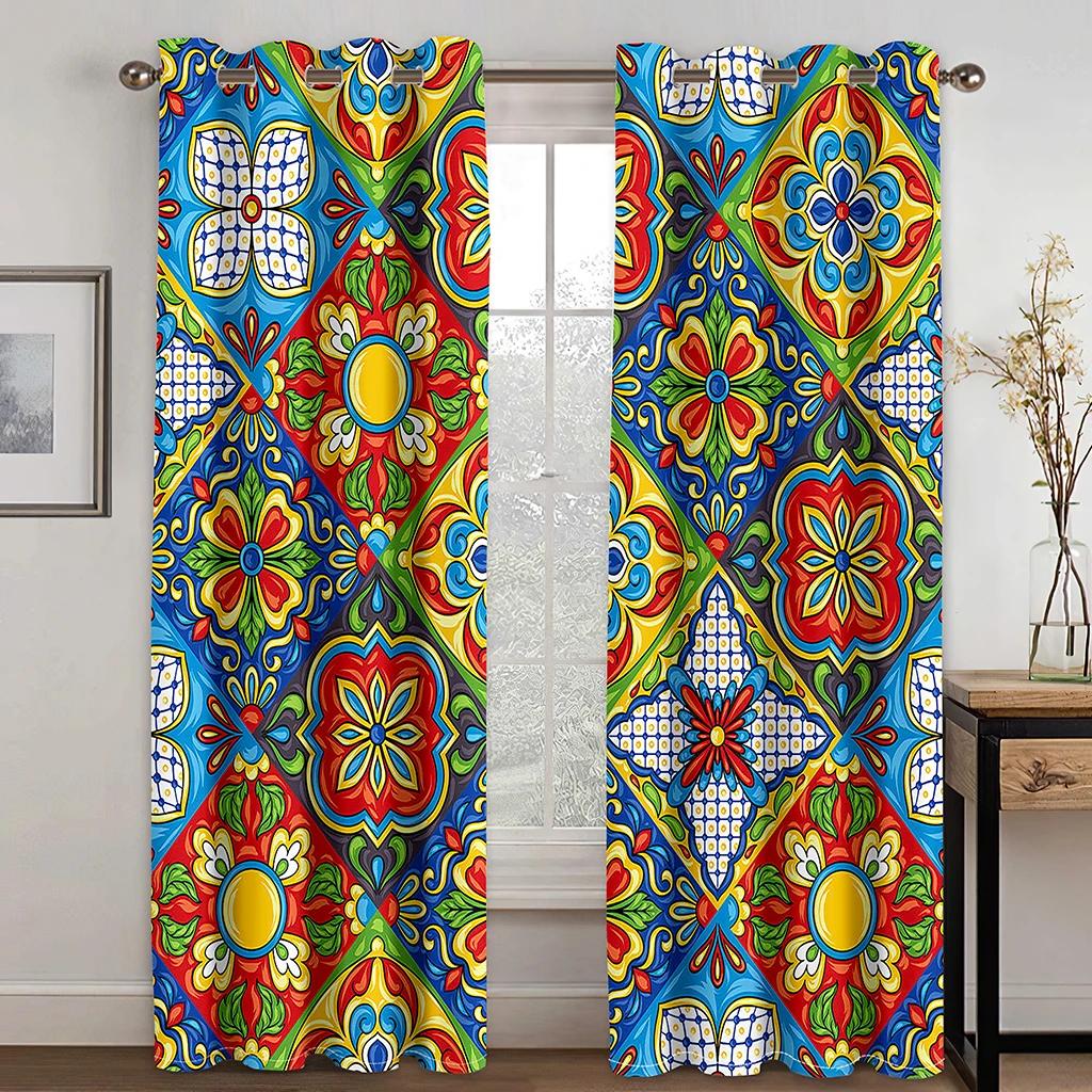 

3D-печать Girl Bohemian Art Splicing Blocks Lounge Window Шторы для гостиной 2 шт Бесплатная доставка Украшение спальни 50Wx60H(CM)x1Piece&Grommet Top