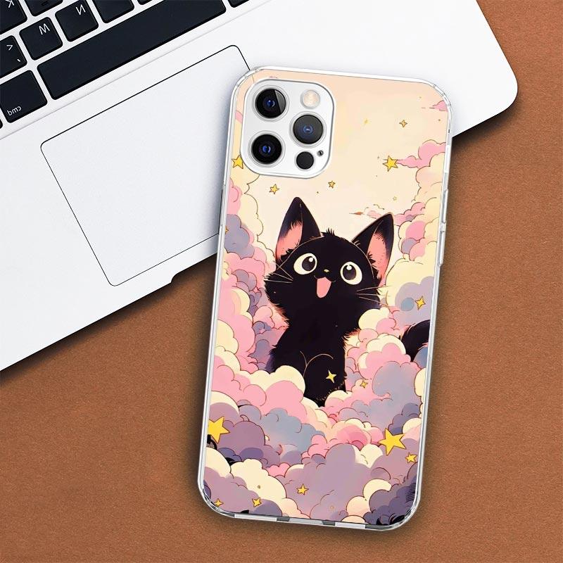 Anime Cute Black Cat Meow Phone Case For Apple iPhone 11 12 13 15 14 Pro 7 XR X XS Max 8 Plus + Mini SE Customized Print Soft Co
