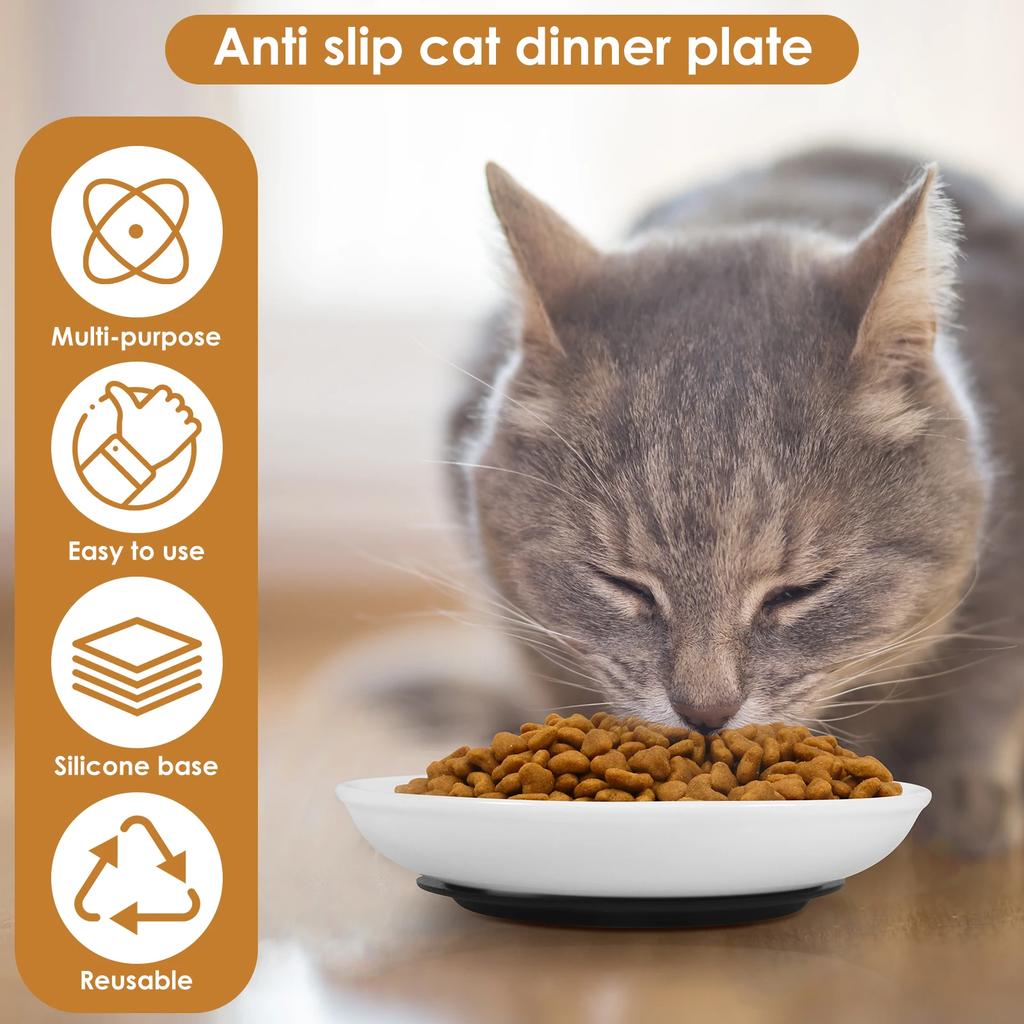 2/4Pcs Cat Ceramic Bowl Set Pet Food Feeding Dish Dispenser with Nonslip Silicone Base Shallow Wide Kitten Wet/Dry Bowls