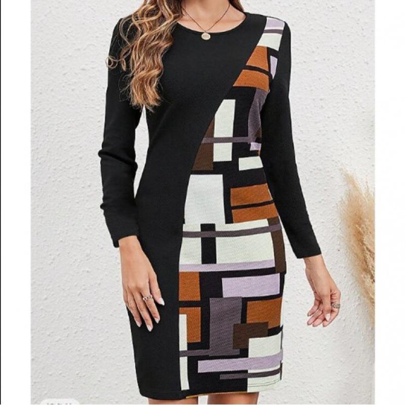 Women's Spring Summer Geometric Print Bodycon Midi Dress, Round Neck Long Sleeve Slim Fit Casual Office Work Dress