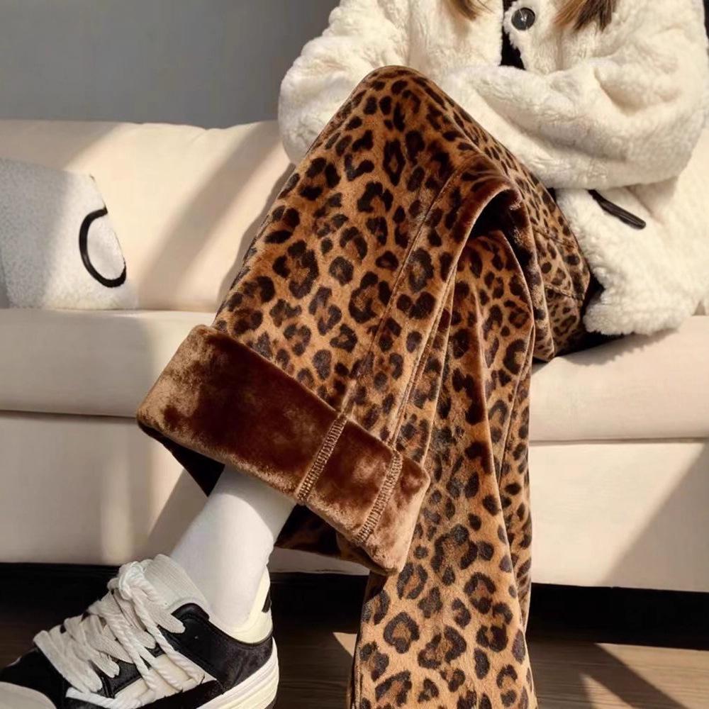 American Retro Leopard Velvet Fleece-Lined Wide-Leg Pants Small