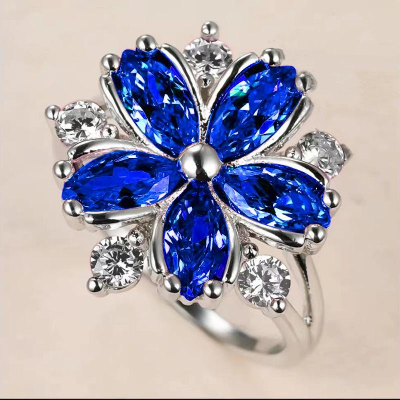 Flower Collection ! Exquisite Colorful Cubic Zircon Flower Engagement Ring For Women Party Jewelry Hand Accessories Size 6-10