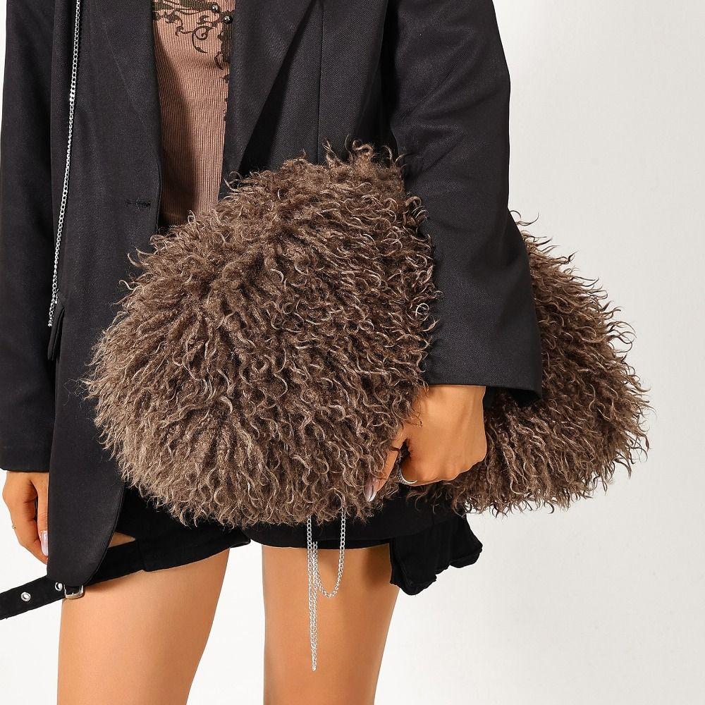 Y2k Kiss Lock Clutch Bag Portable Faux Fur Purse Retro Banquet Bag Daily