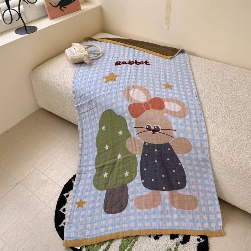 Four-Layer Yarn-Dyed Cotton Pure Cotton Washed Gauze Bath Towel Cartoon Cute Soft Skin-Friendly Breathable Durable 75X150Cm