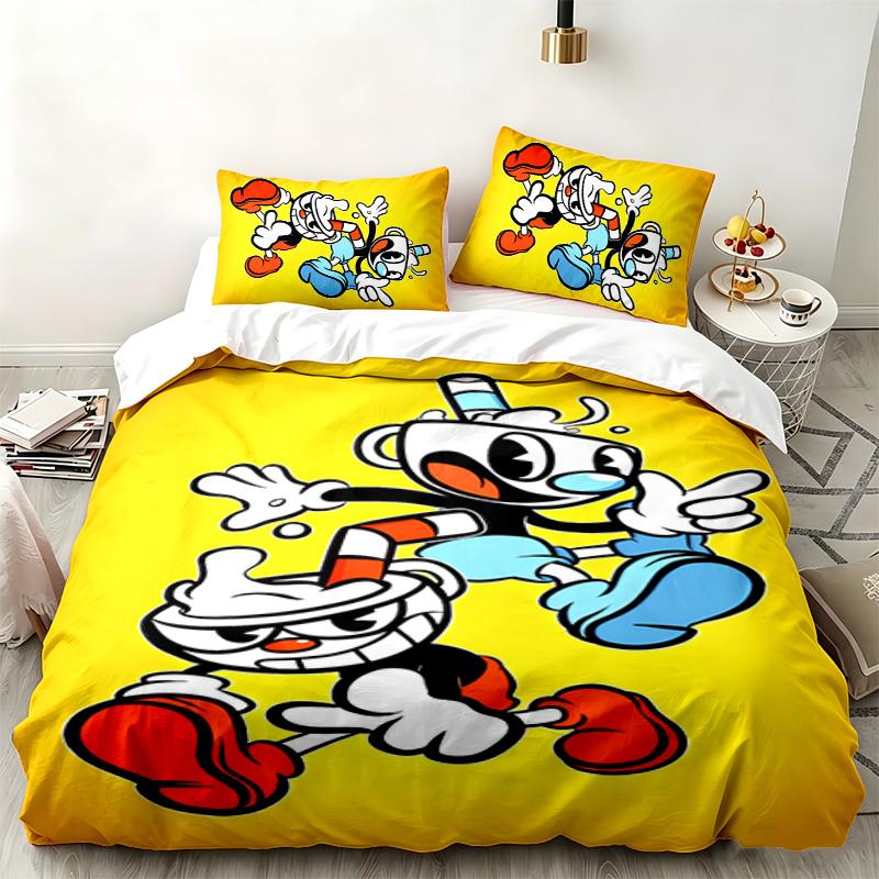 Zestaw 3-częściowy Cuphead Idealny do sypialni Wygodny zestaw pościeli zawiera poszewkę na kołdrę i dwie poszewki na poduszki Idealny prezent urodzinowy lub świąteczny