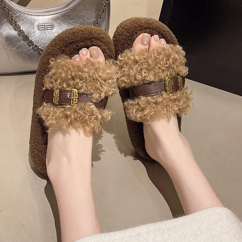 Winter fluffy slippers flat-bottomed non-slip one-word slippers wear thick-soled ins home cotton slippers