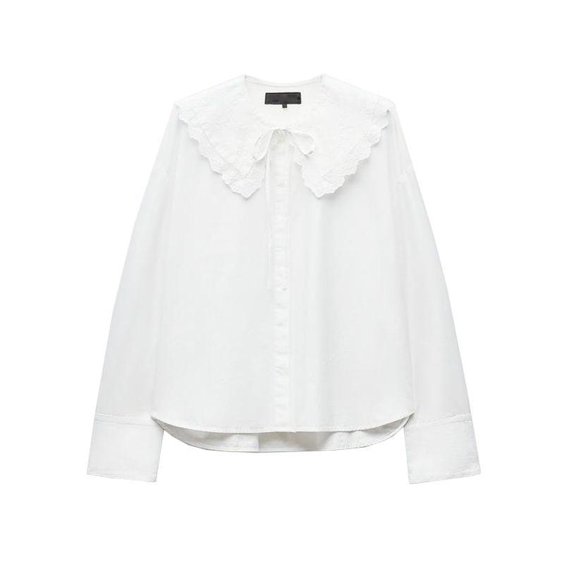 

Spring New Women s Clothing Back Pleated Decorative Small round Lapel Poplin Comfortable Long Sleeve Shirt 0881001 White L