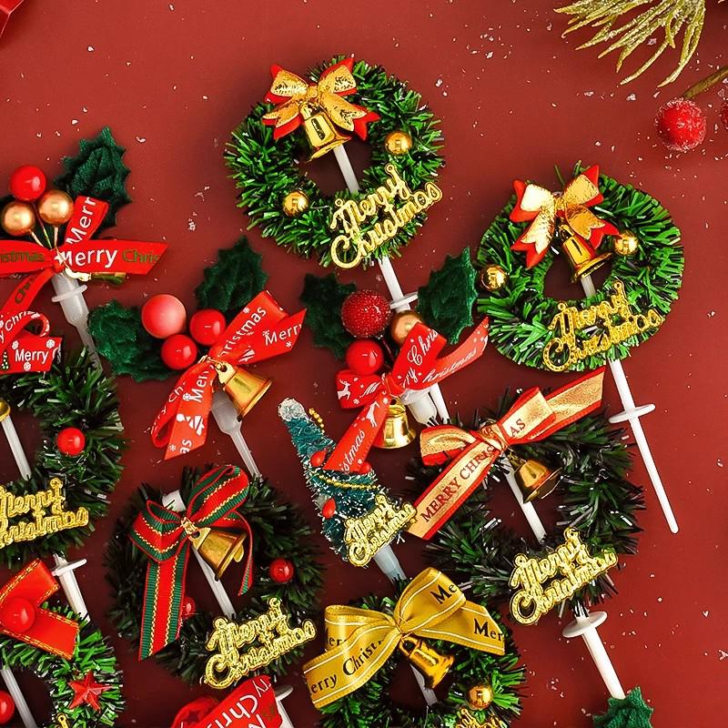 Christmas Decor Set: Card Inserts, Cake Toppers, Cup Garland, Wreath Ornaments, Strawberry Tower, Cartoon Star & Tree Decorations.