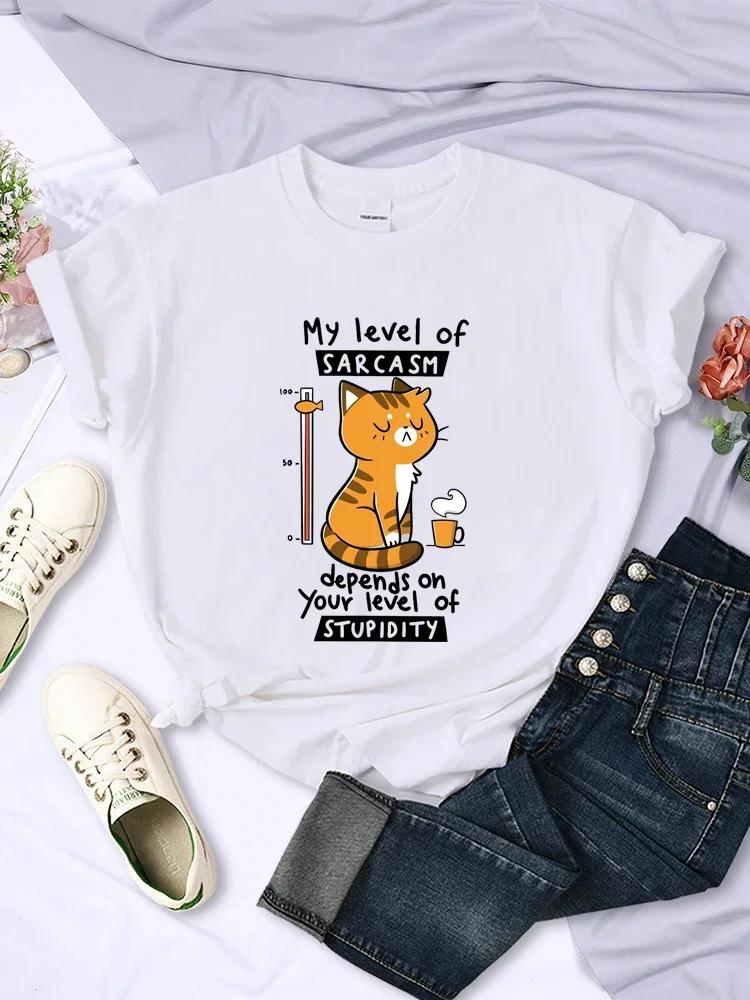 Funny My Level of Sarcasm Depends on Your Level of Stupidity Graphic Unisex T Shirts Sarcasm Level Cat Tees 2024 Summer T Shirts S