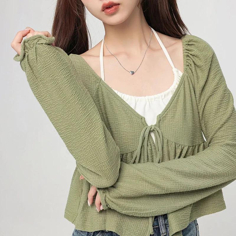 Pure Desire Short Hanging Neck Tank Top Long Sleeve Lace-up Cardigan 2Pcs Set Women Green T-shirt Slim Small Size Korean Fashion