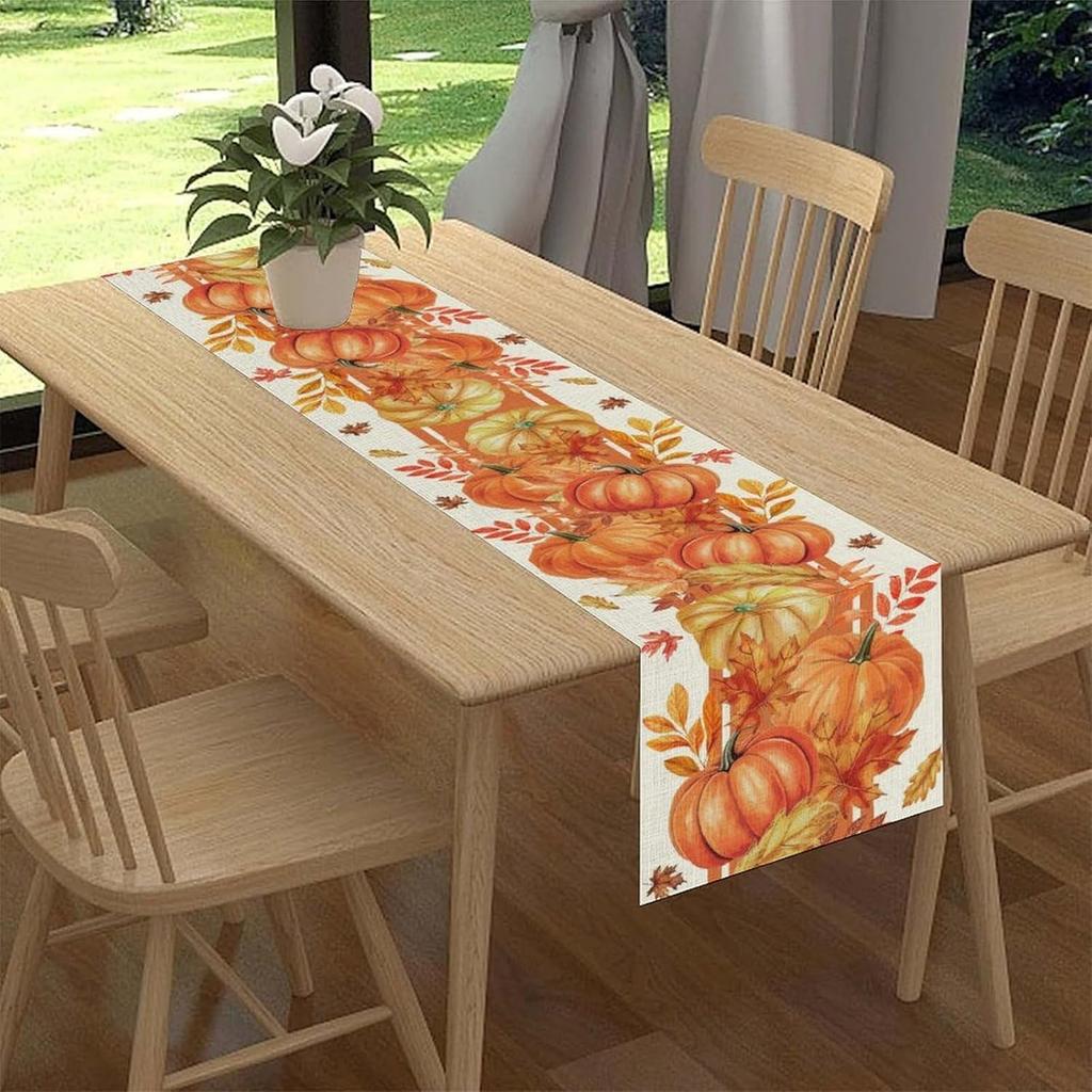 Fall Pumpkin Maple Leaves Linen Table Runner Holiday Party Decor Washable Kitchen Dining Table Runner Autumn Decorations
